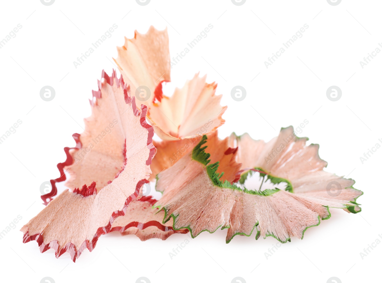 Photo of Heap of colorful pencil shavings on white background