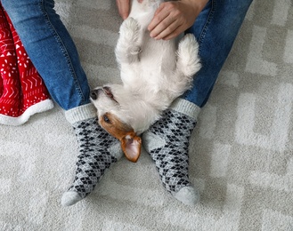 Photo of Man playing with cute Jack Russell Terrier dog on carpet, top view. Cozy winter