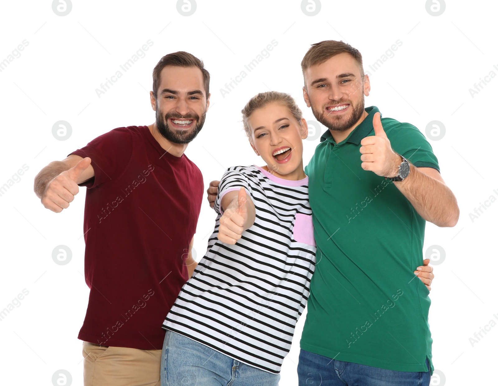 Photo of Portrait of young people laughing on white background