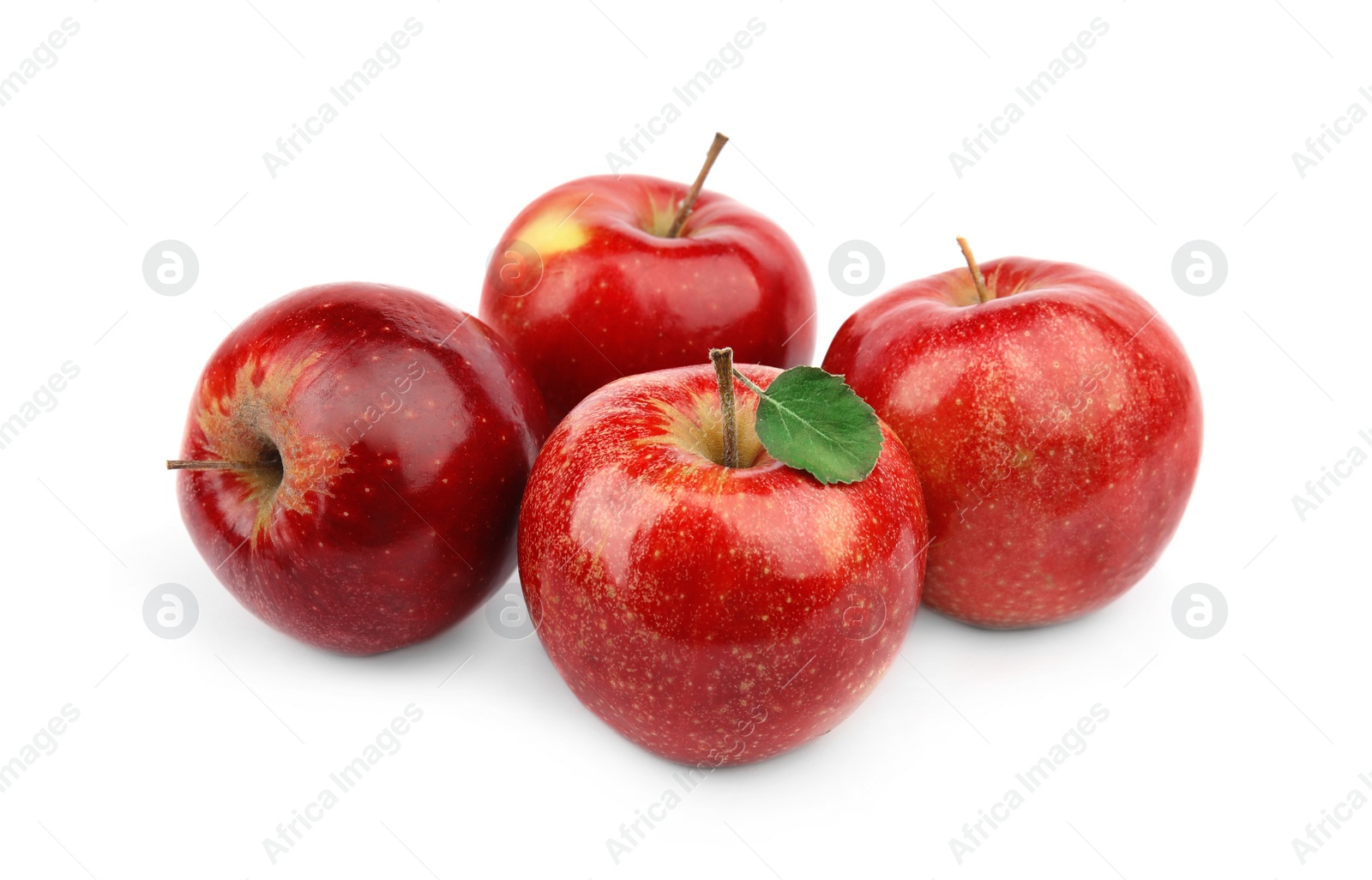 Photo of Ripe juicy red apples with leaf on white background