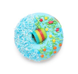 Glazed donut decorated with sprinkles isolated on white, top view. Tasty confectionery