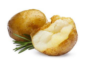 Photo of Tasty pieces of baked potatoes and rosemary on white background
