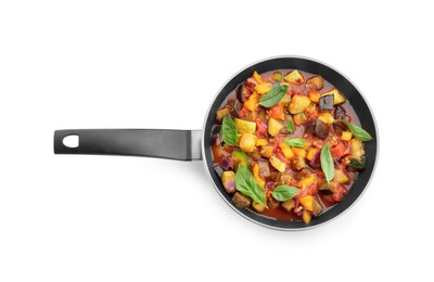 Photo of Frying pan with tasty ratatouille isolated on white, top view