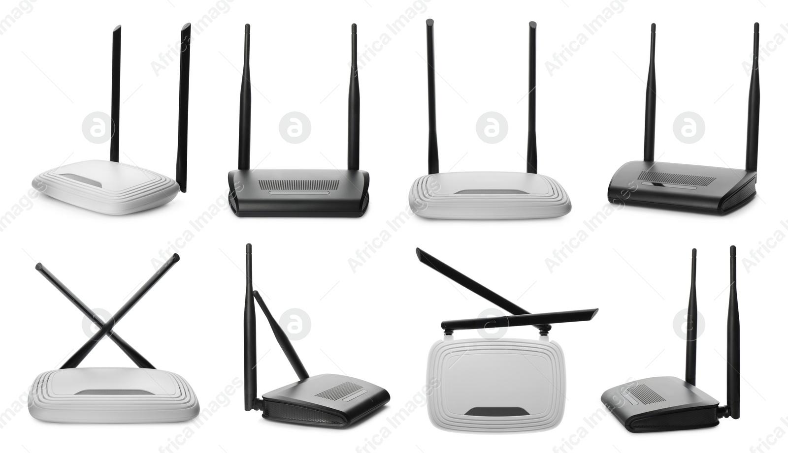 Image of Set with modern Wi-Fi routers on white background. Banner design