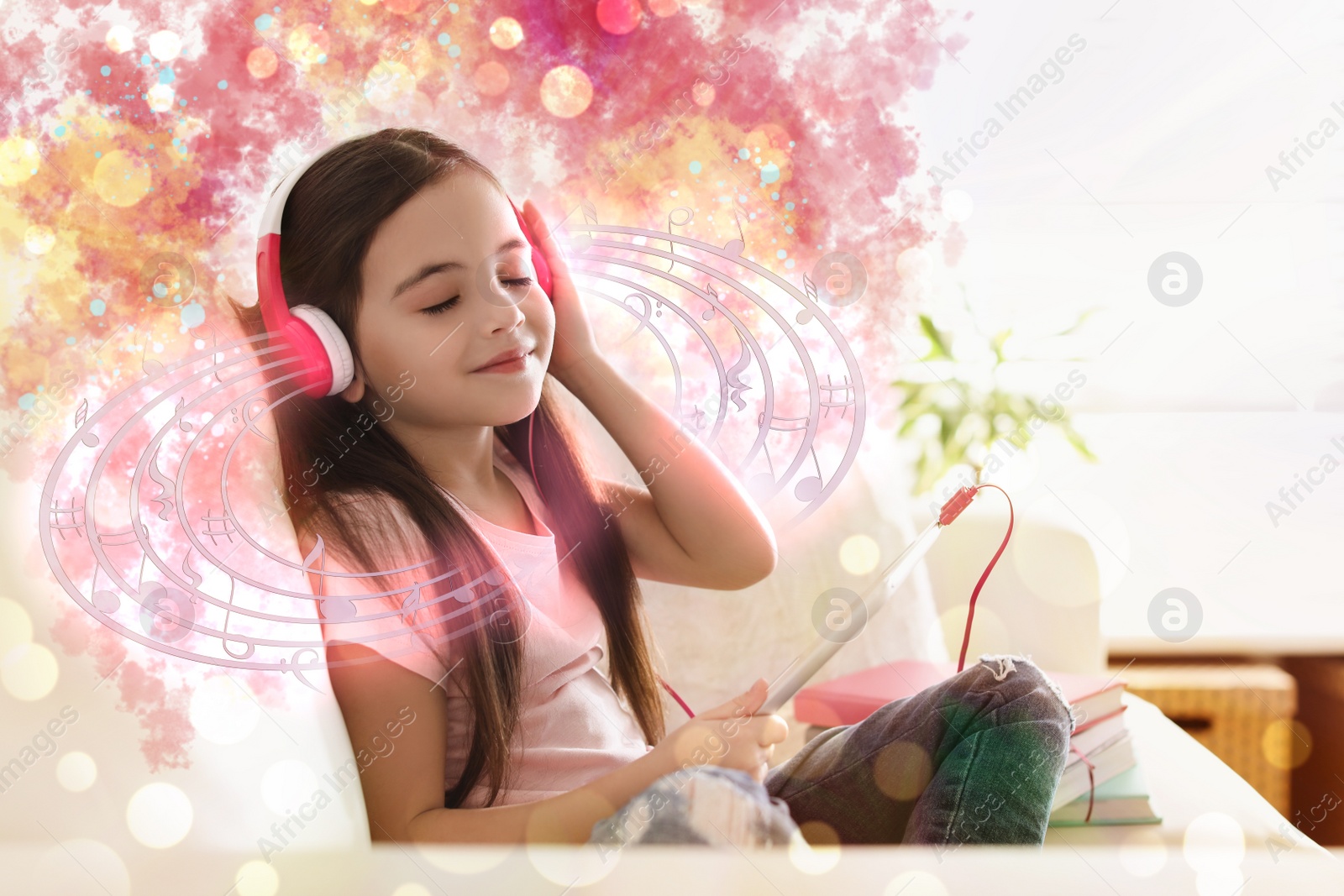 Image of Cute little girl listening to music with headphones at home. Bright notes illustration