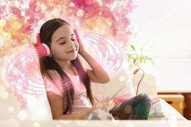 Image of Cute little girl listening to music with headphones at home. Bright notes illustration