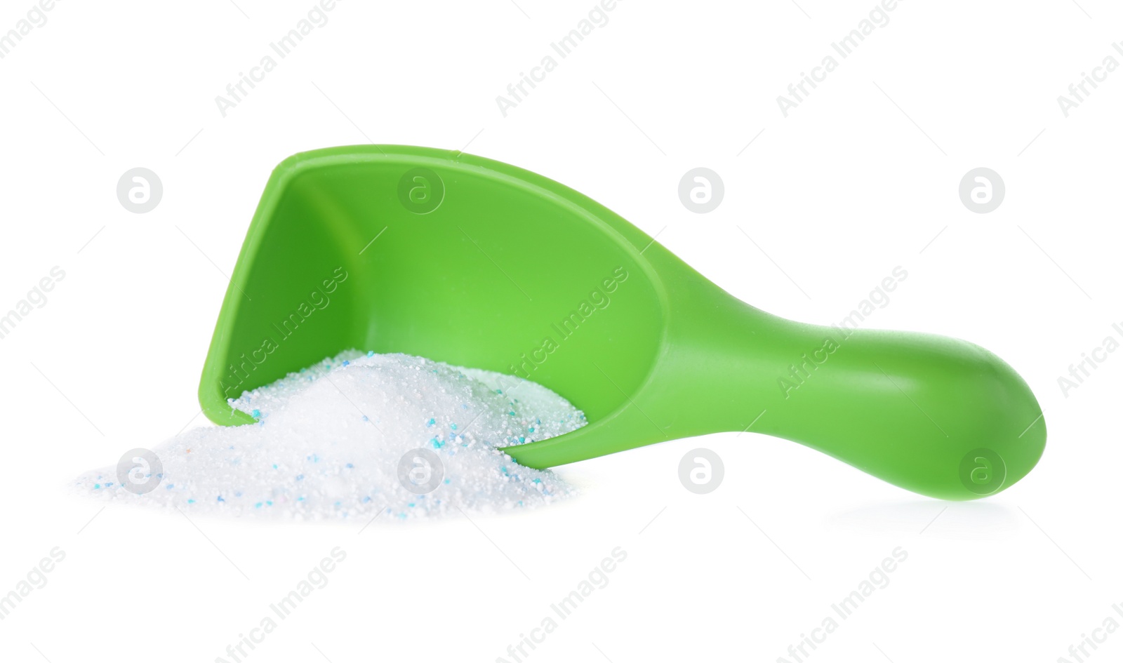 Photo of Laundry detergent in plastic measuring scoop on white background