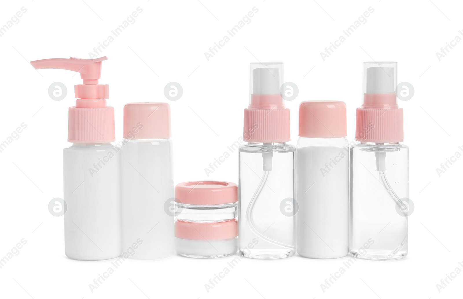 Photo of Cosmetic travel kit isolated on white. Bath accessories