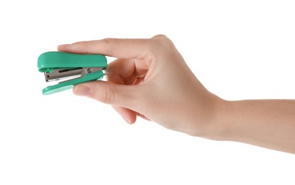 Photo of Woman holding bright stapler on white background, closeup