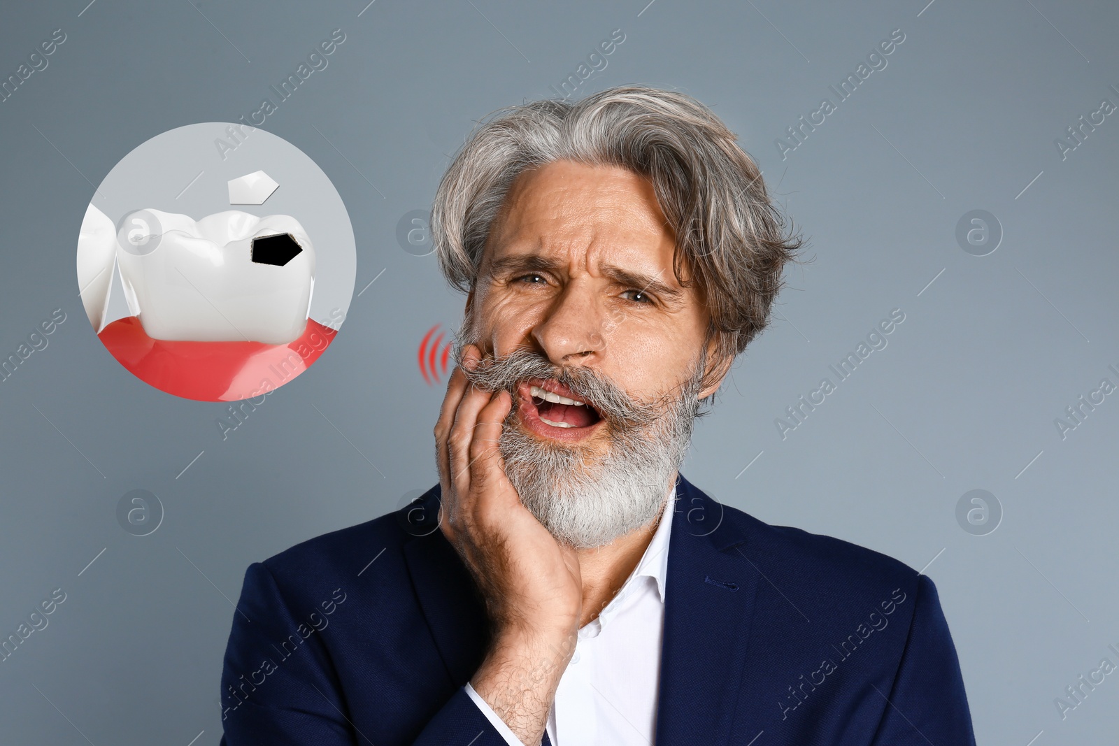 Image of Mature man suffering from toothache on grey background