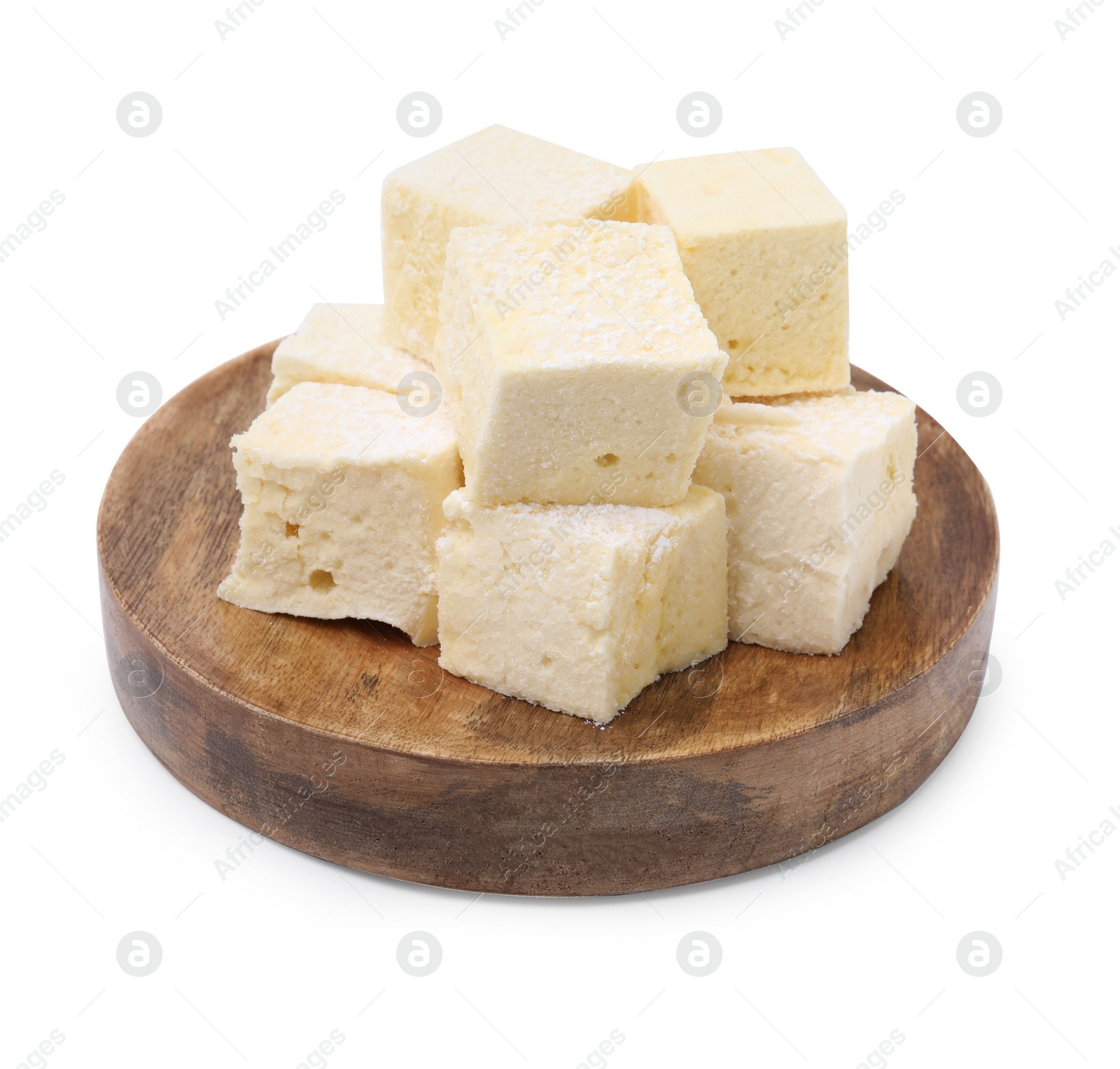 Photo of Many yellow tasty marshmallows on white background