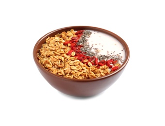Photo of Smoothie bowl with goji berries on white background