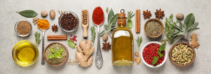 Image of Different herbs and spices on grey table, flat lay. Banner design