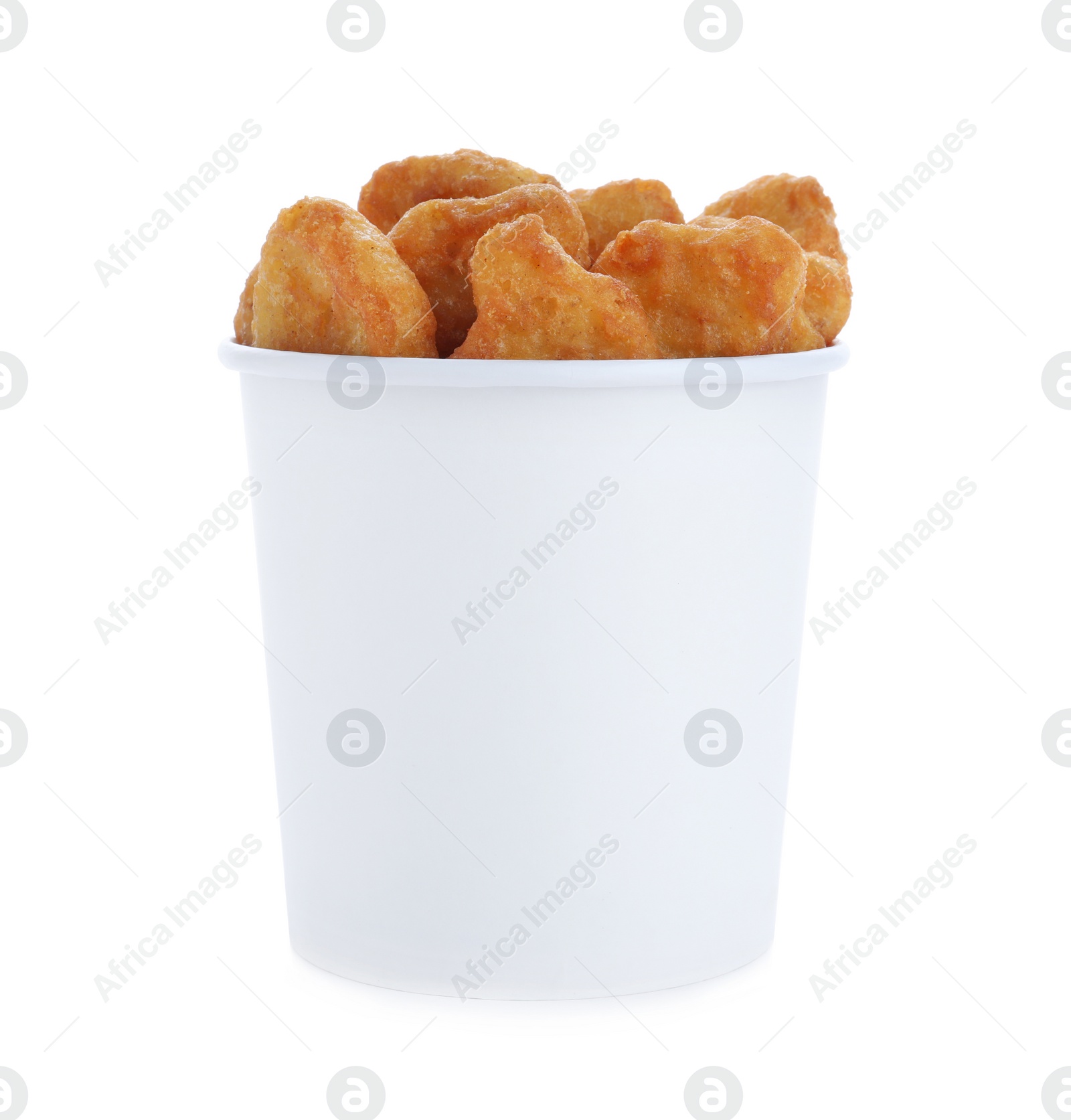 Photo of Bucket with tasty chicken nuggets isolated on white