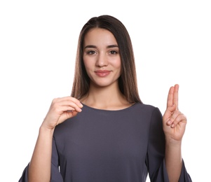 Photo of Woman using sign language on white background