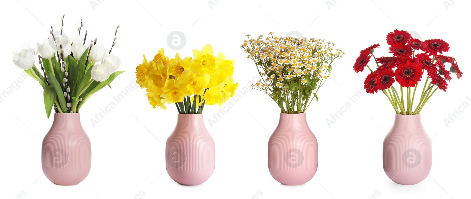 Image of Collage of stylish vase with different bouquets on white background