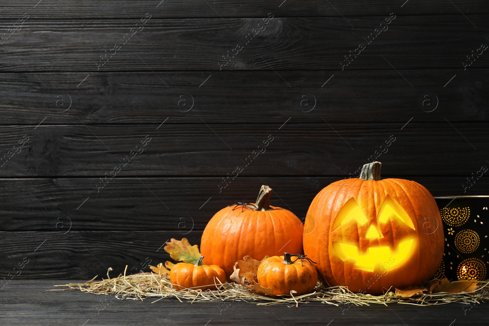 Photo of Jack o'lantern, pumpkins and straw on black wooden table, space for text. Halloween decor