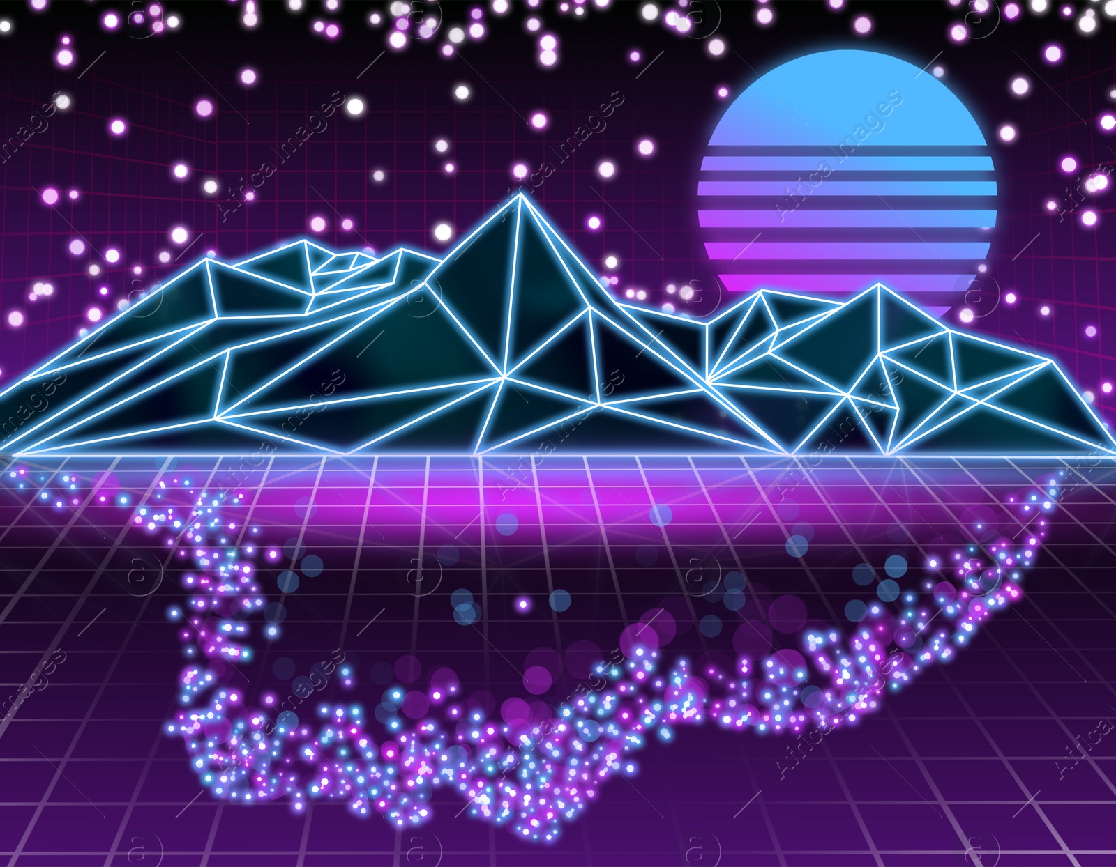 Illustration of Metaverse. Digital landscape with mountains and luminary, illustration