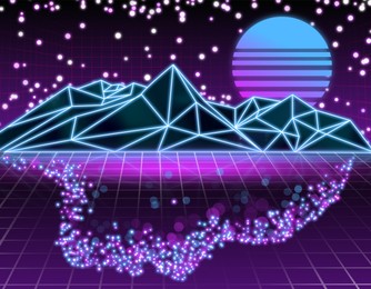Metaverse. Digital landscape with mountains and luminary, illustration