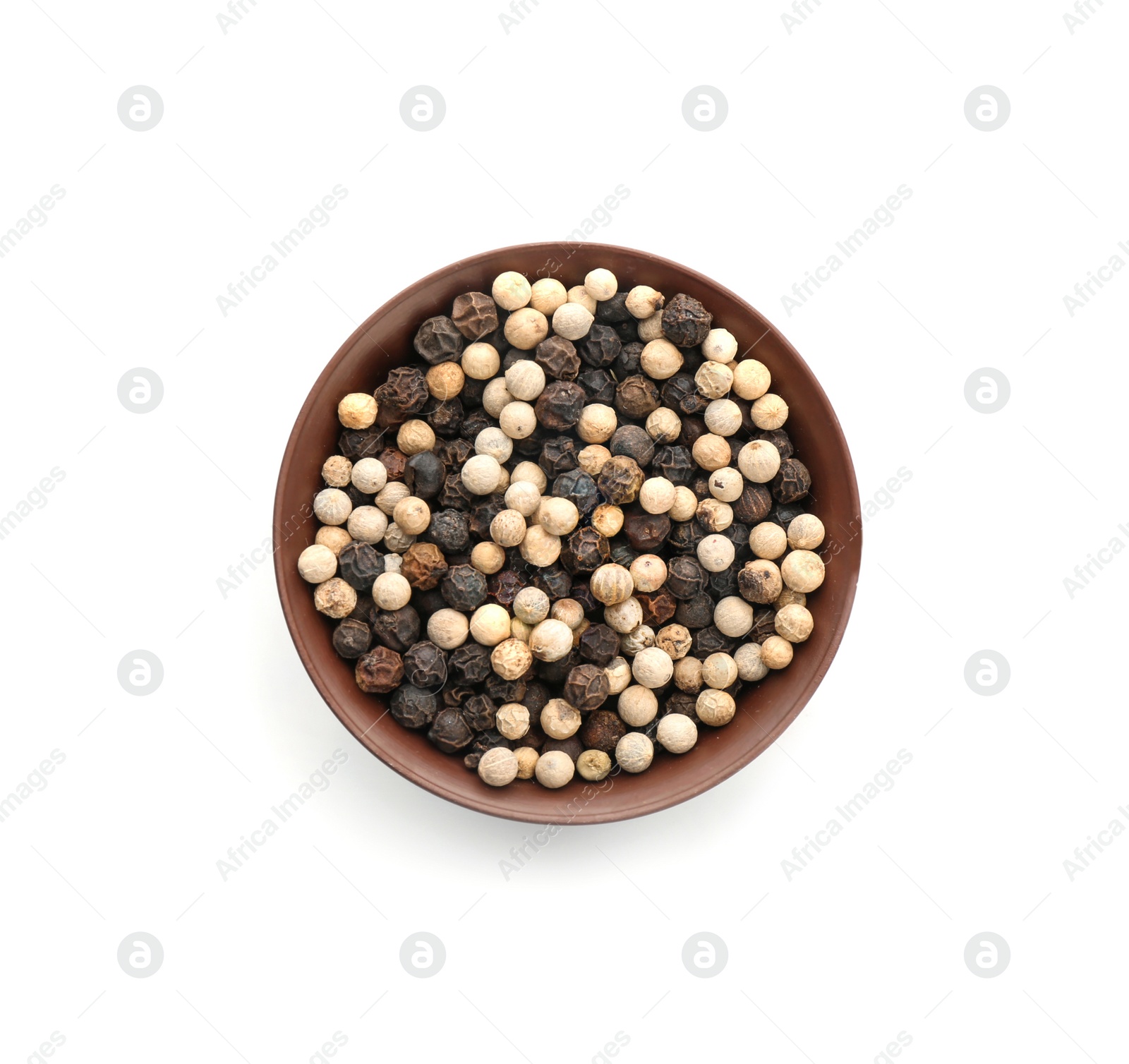 Photo of Bowl with different pepper grains on white background, top view