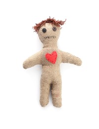 Photo of Voodoo doll with red heart isolated on white