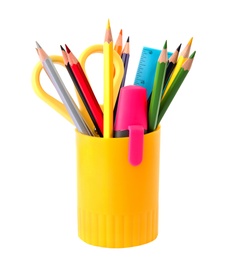 Holder with color pencils and school stationery on white background