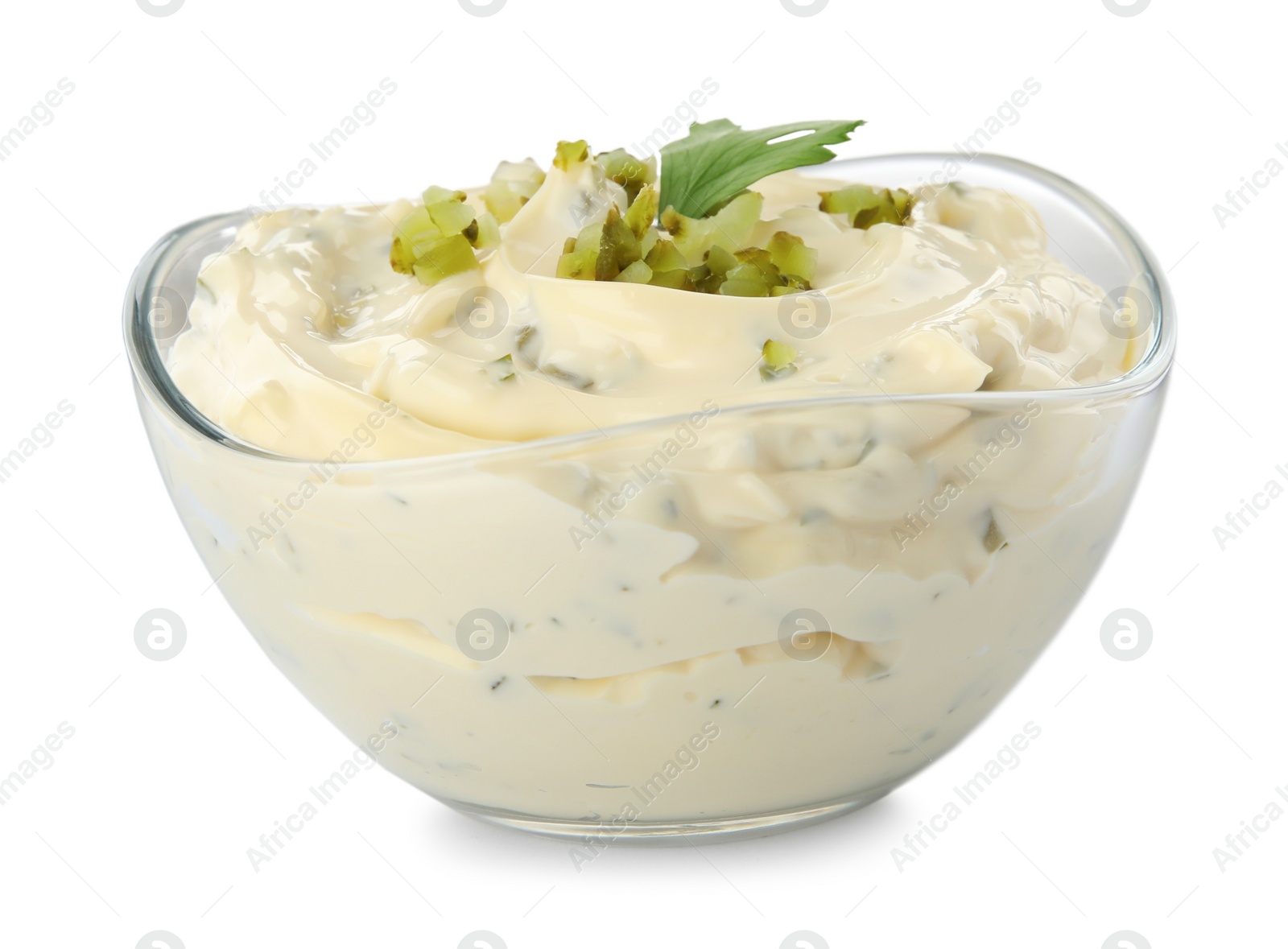 Photo of Tartar sauce in glass bowl isolated on white