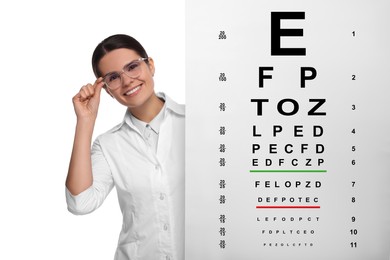 Image of Ophthalmologist with vision test chart on white background