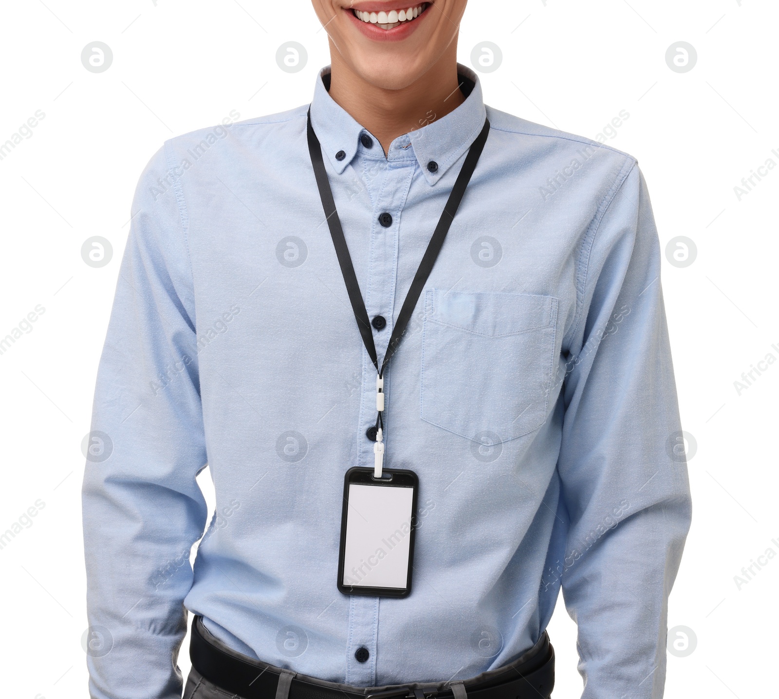 Photo of Man with blank badge on white background, closeup