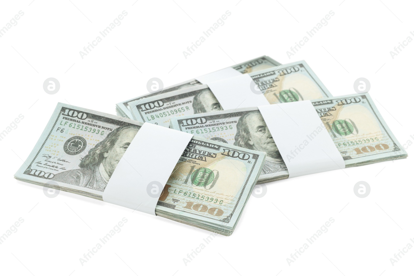 Photo of Bundles of dollar banknotes isolated on white. American national currency