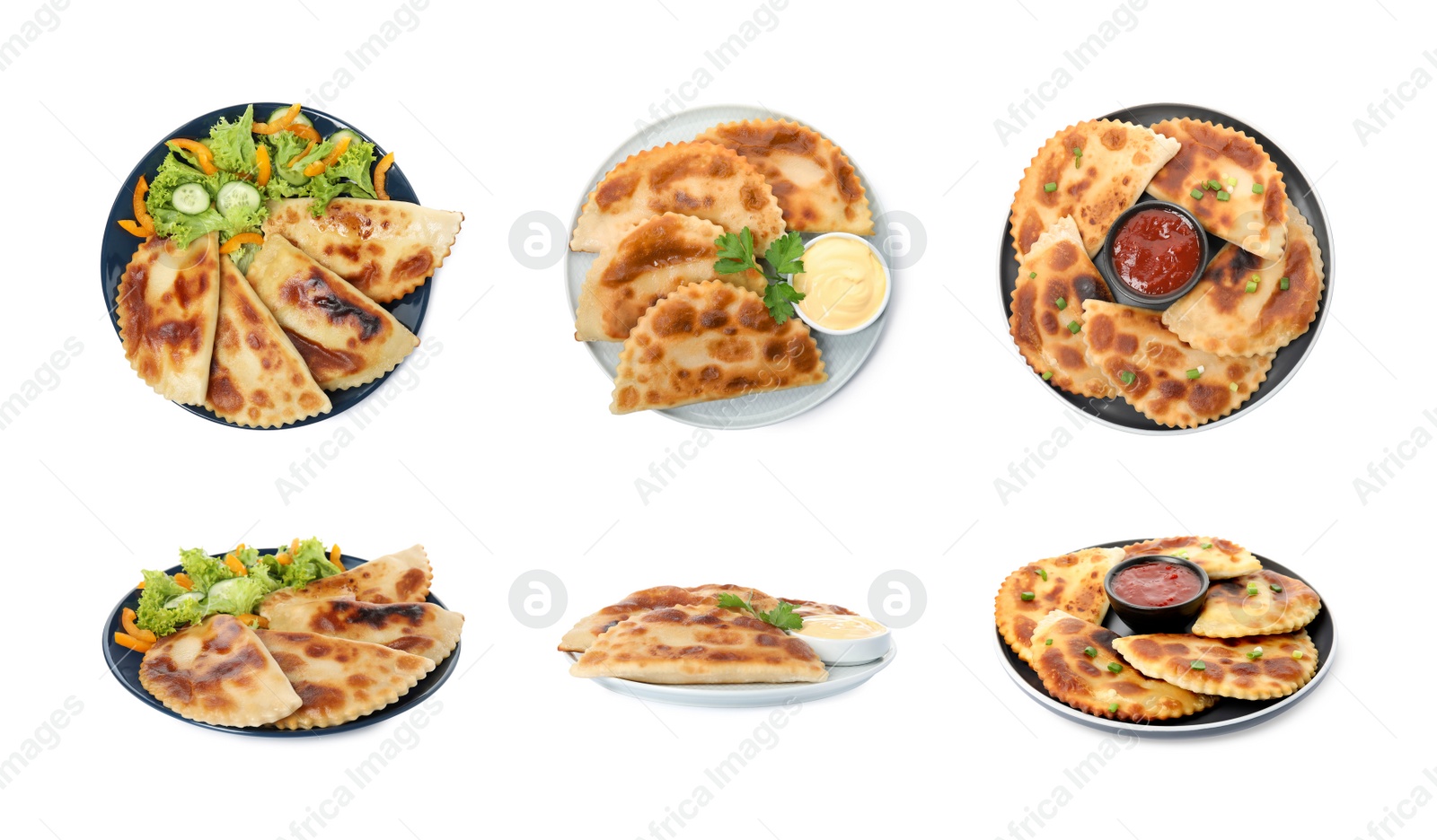 Image of Set with delicious fried chebureki on white background 