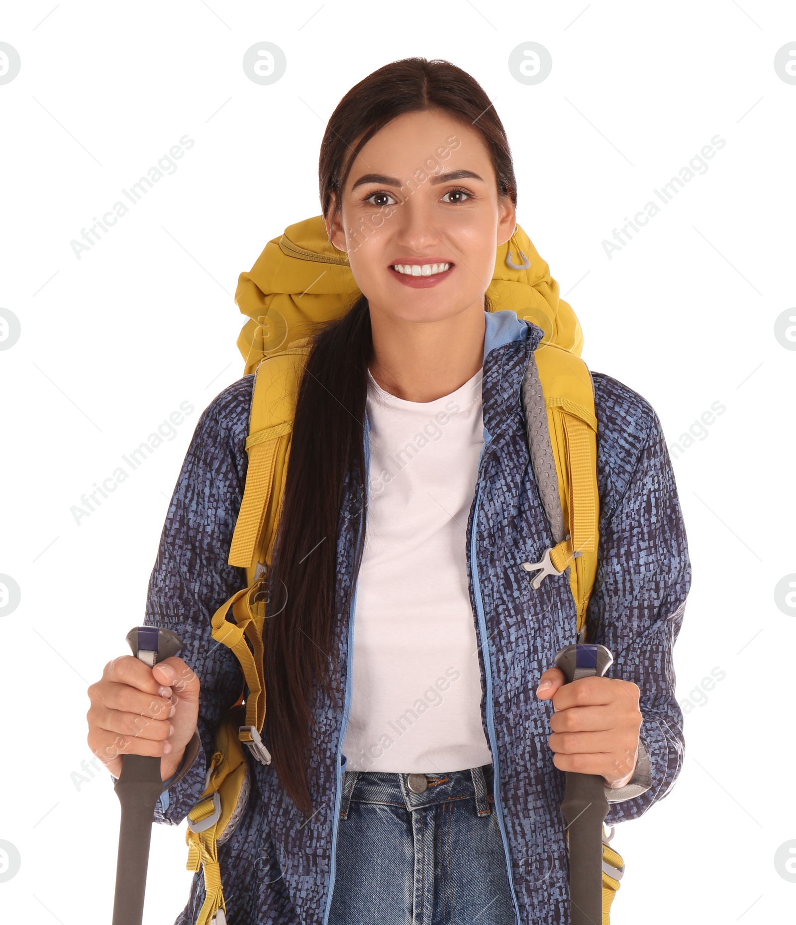 Photo of Female hiker with backpack and trekking poles on white background