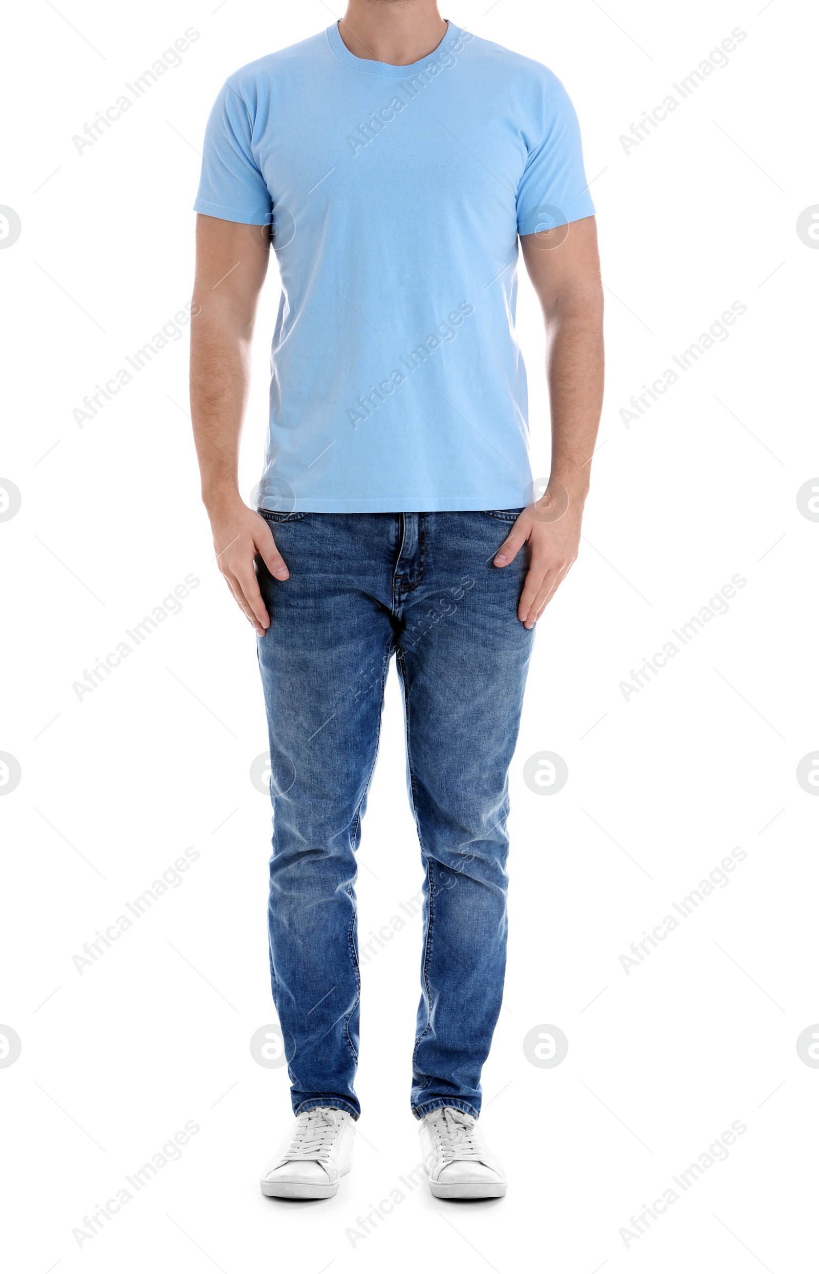 Photo of Young man on white background, closeup. Weight loss