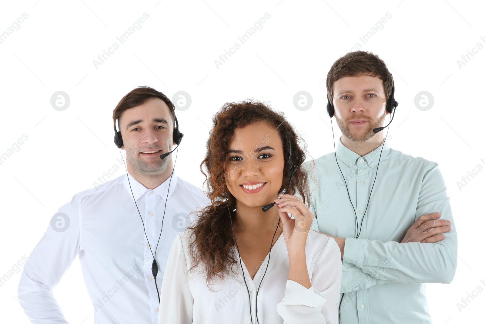 Photo of Team of technical support with headsets isolated on white