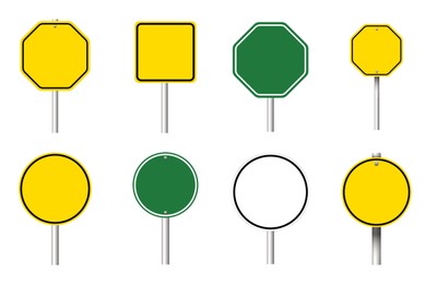 Image of Different blank road signs on white background, collage design