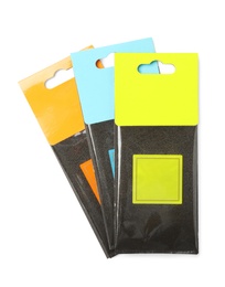Scented sachets on white background, top view