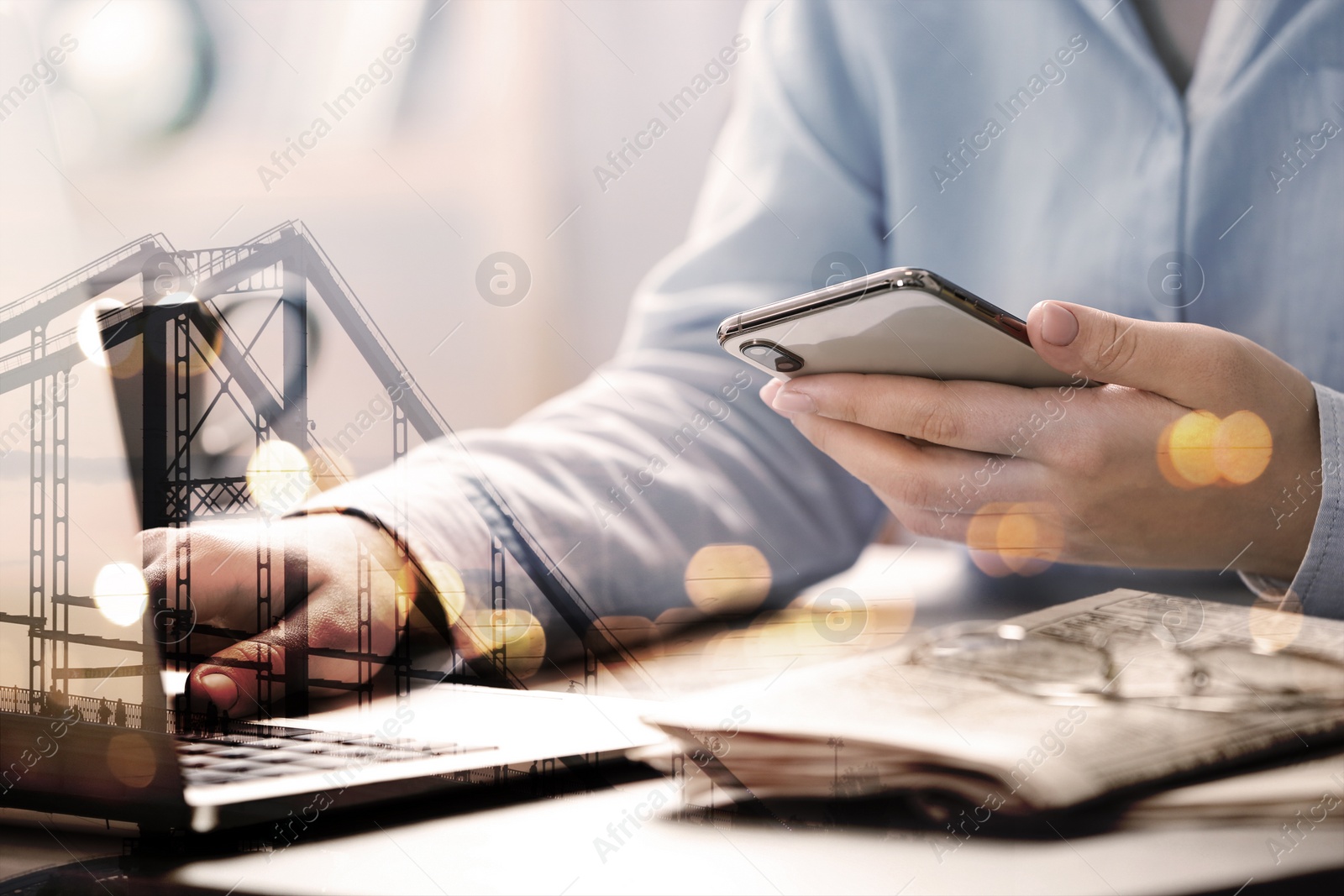 Image of Innovation concept. Double exposure of woman at table and bridge