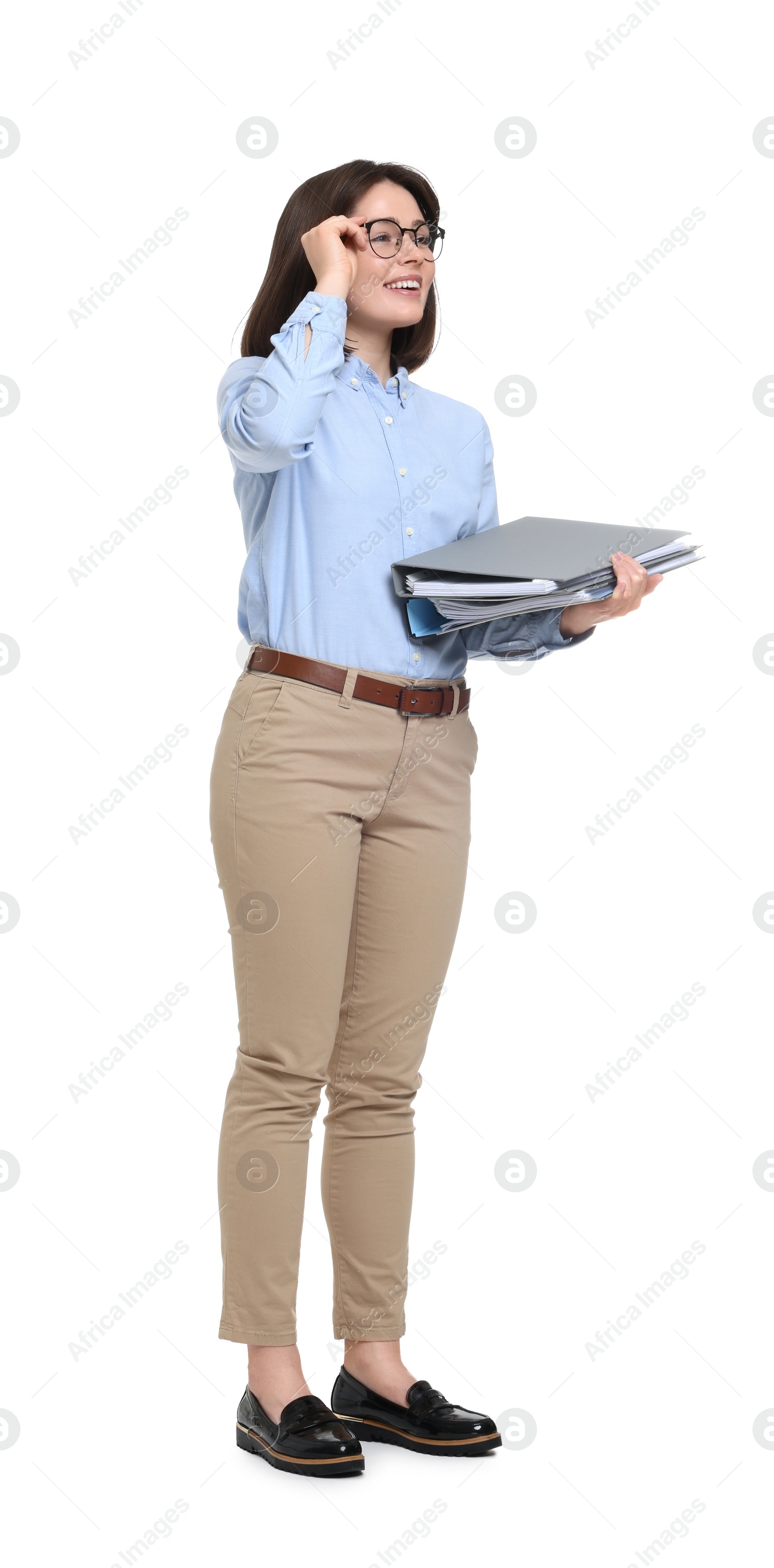 Photo of Happy businesswoman woman with folders on white background