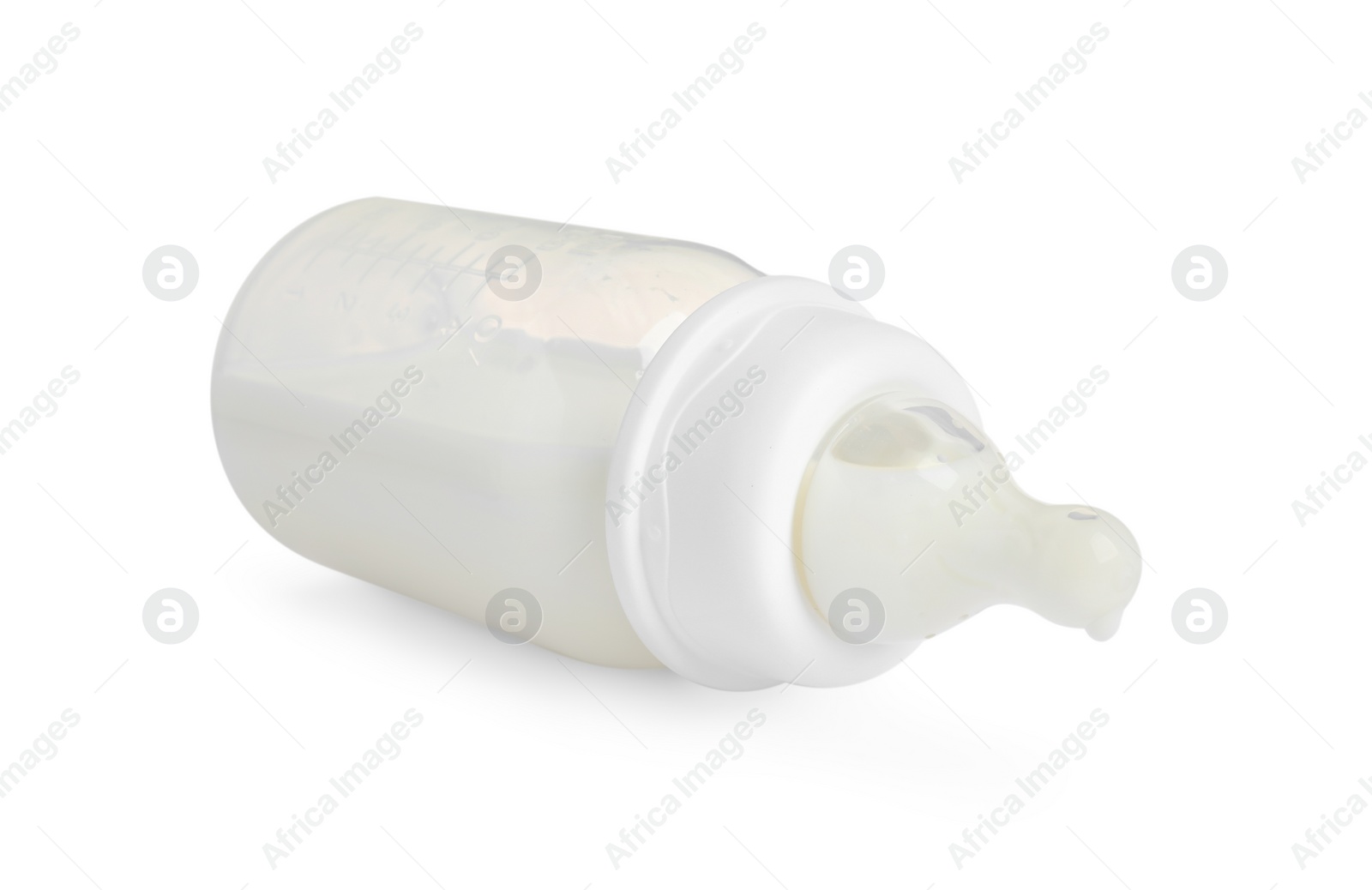 Photo of One feeding bottle with infant formula on white background