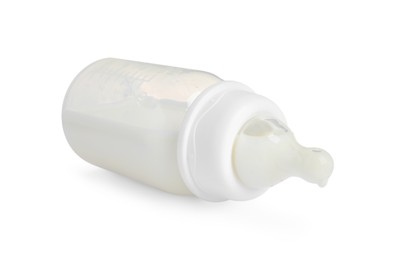 One feeding bottle with infant formula on white background