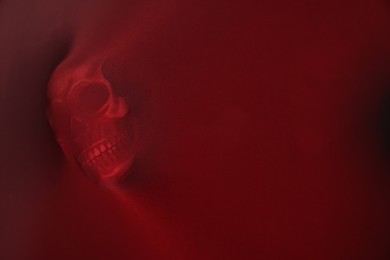 Photo of Silhouette of creepy ghost with skull behind red cloth. Space for text