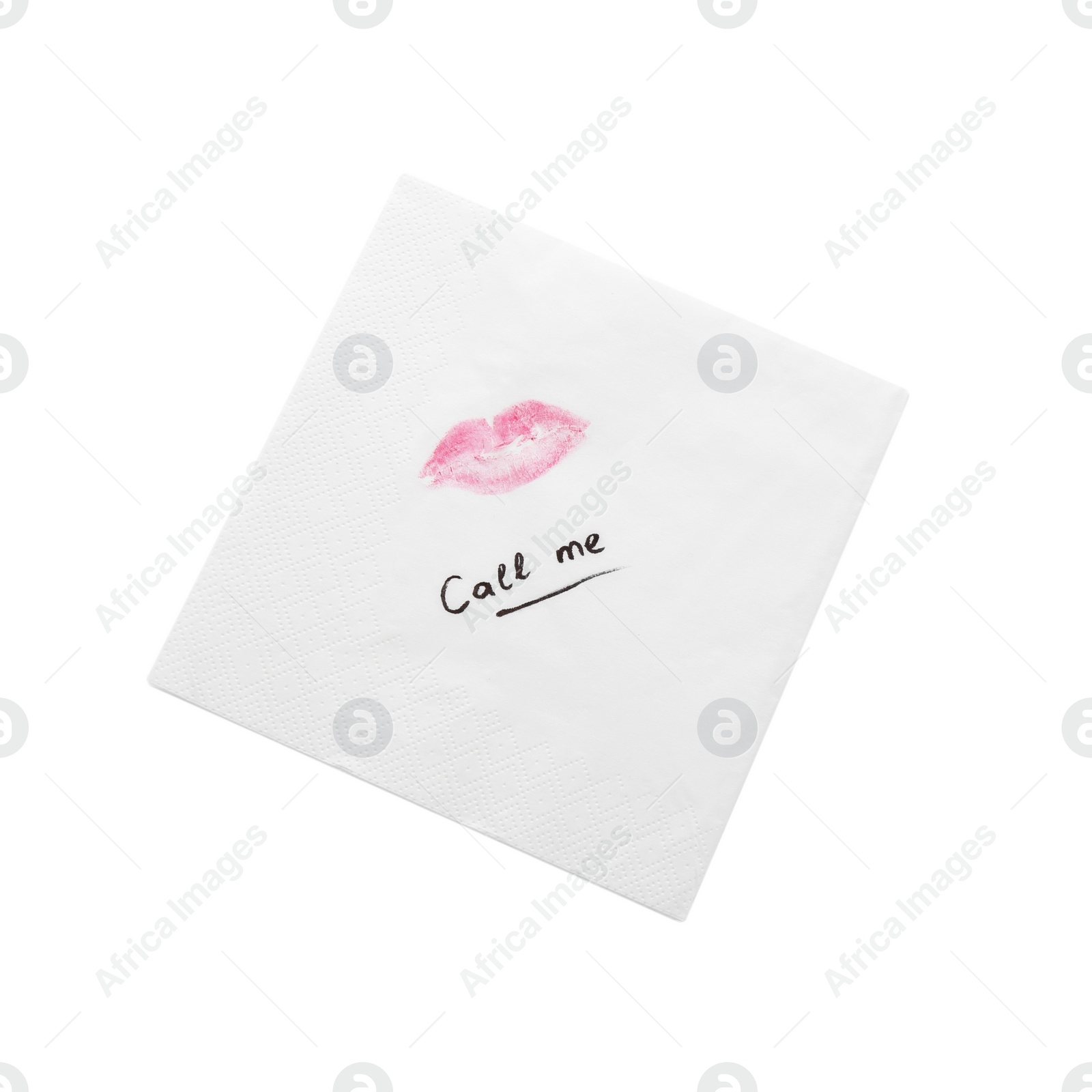 Photo of Paper napkin with lipstick mark and words CALL ME on white background, top view