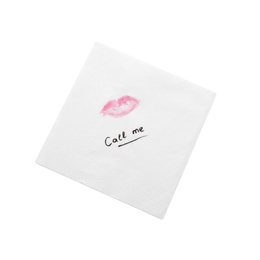 Photo of Paper napkin with lipstick mark and words CALL ME on white background, top view