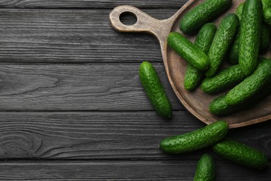 Photo of Fresh ripe cucumbers on dark wooden table, flat lay. Space for text