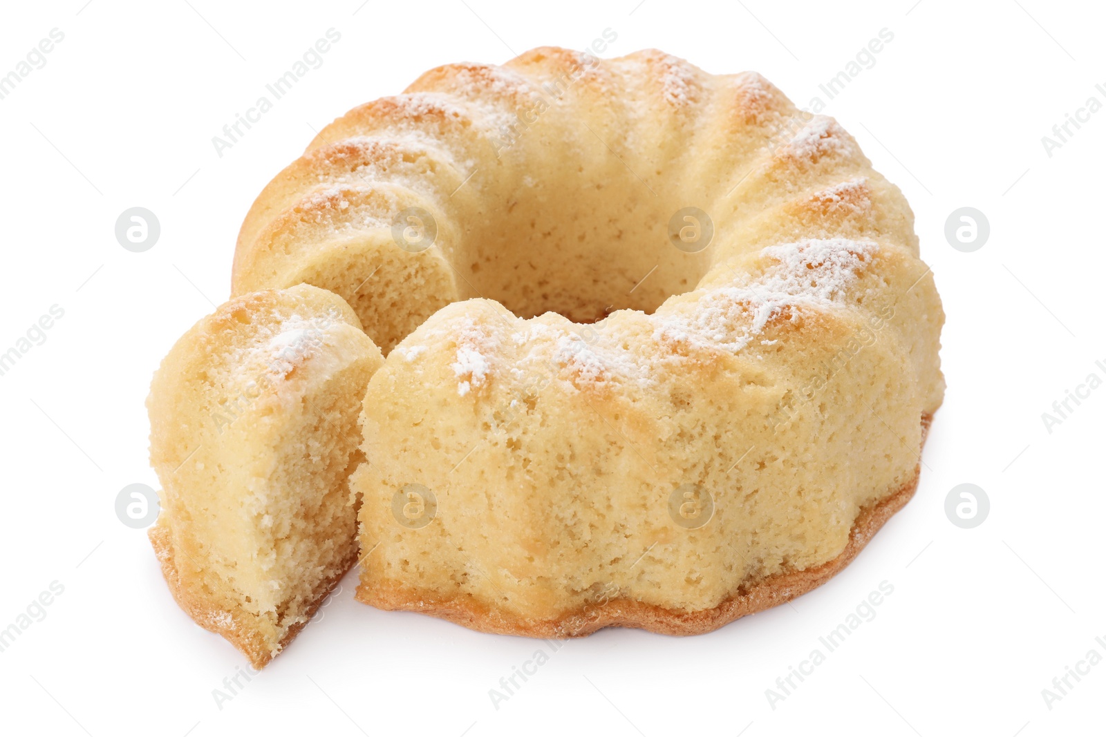 Photo of Delicious freshly baked sponge cake isolated on white