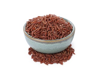 Photo of Bowl with raw red rice isolated on white