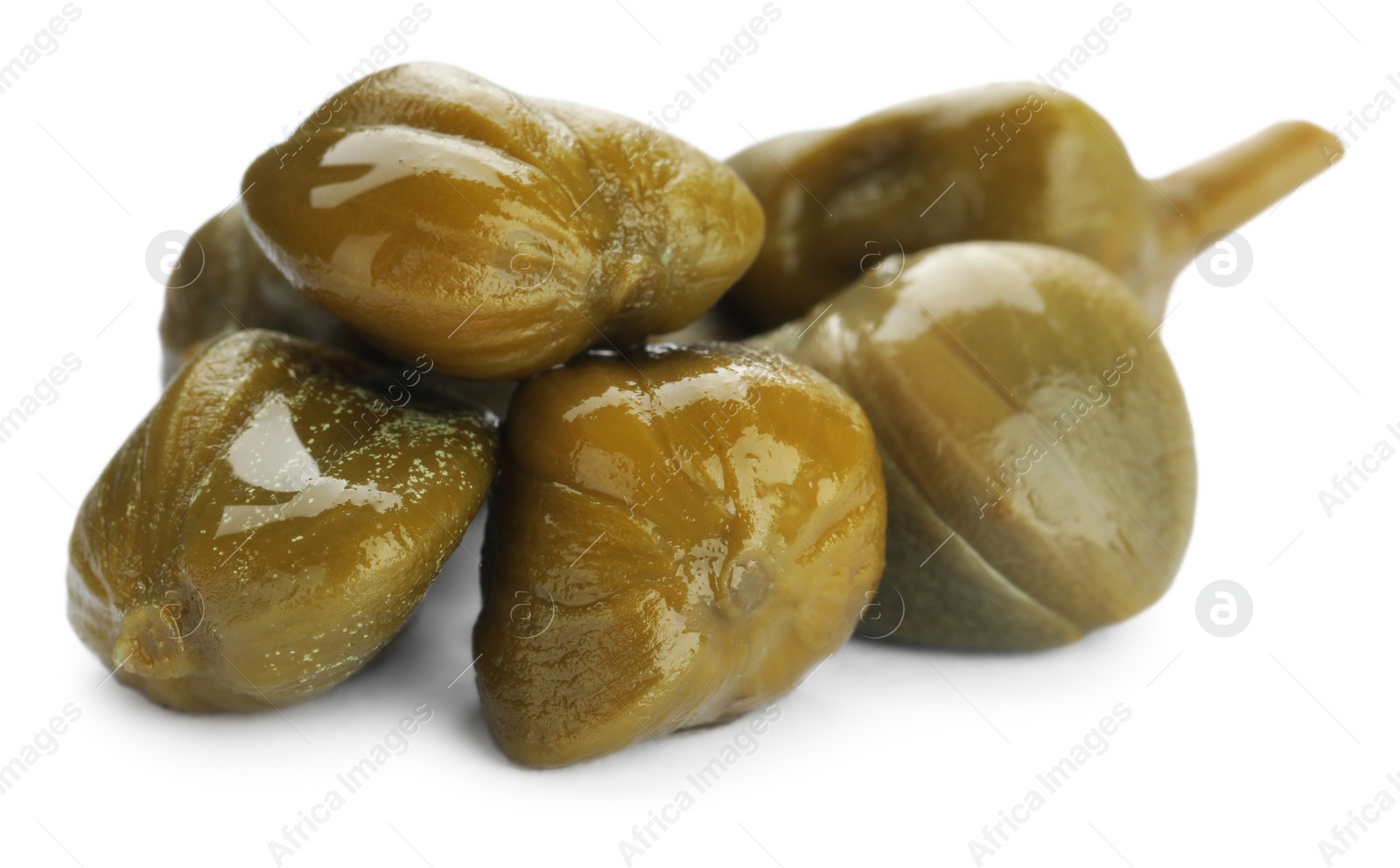 Photo of Pile of delicious pickled capers on white background