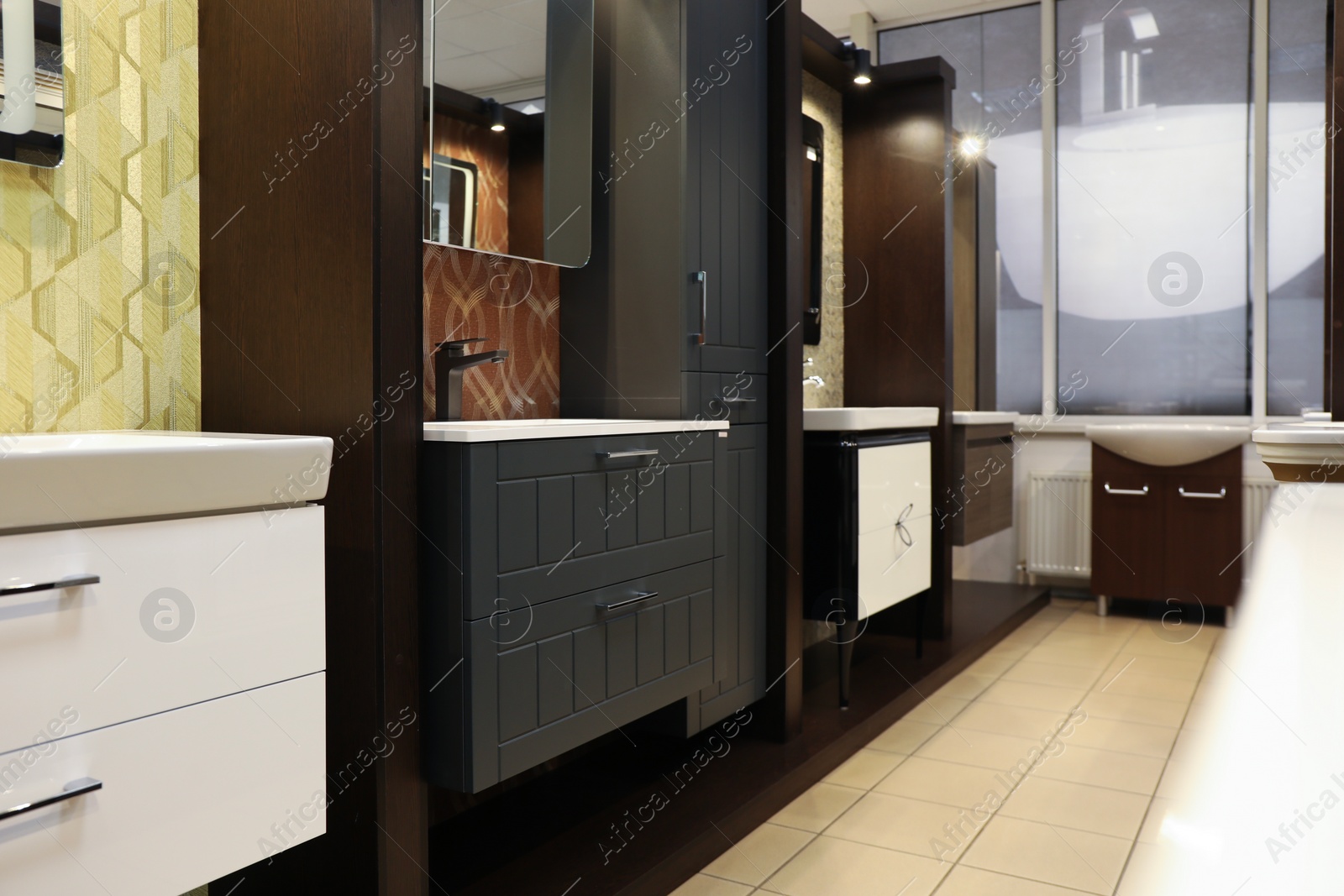 Photo of Assortment of bathroom vanity units in store