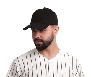 Photo of Man in stylish black baseball cap on white background