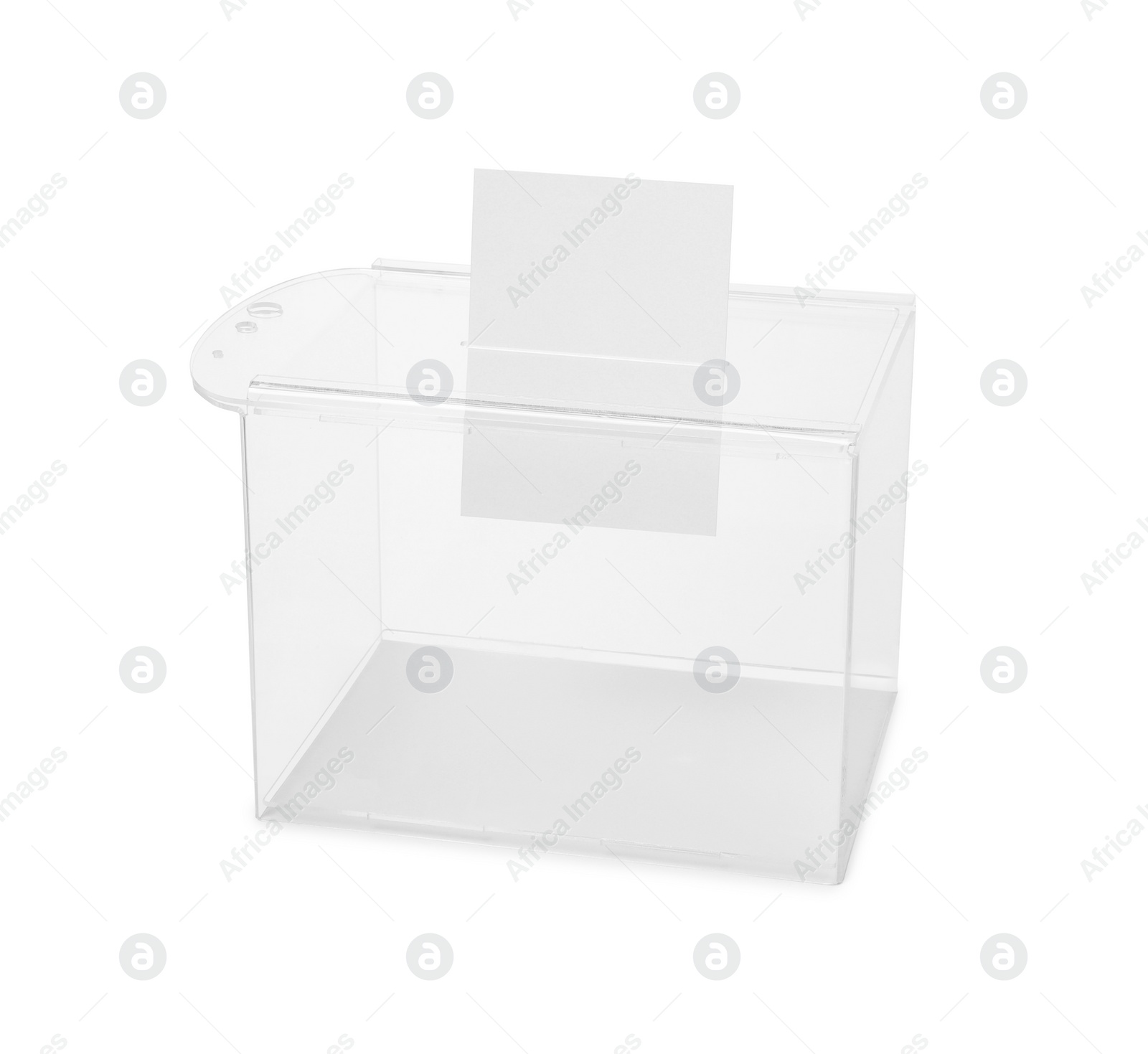 Photo of Transparent ballot box with vote isolated on white